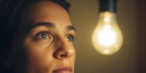 Person with focused expression looking at a lightbulb.