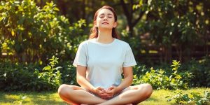 Person meditating peacefully outdoors.