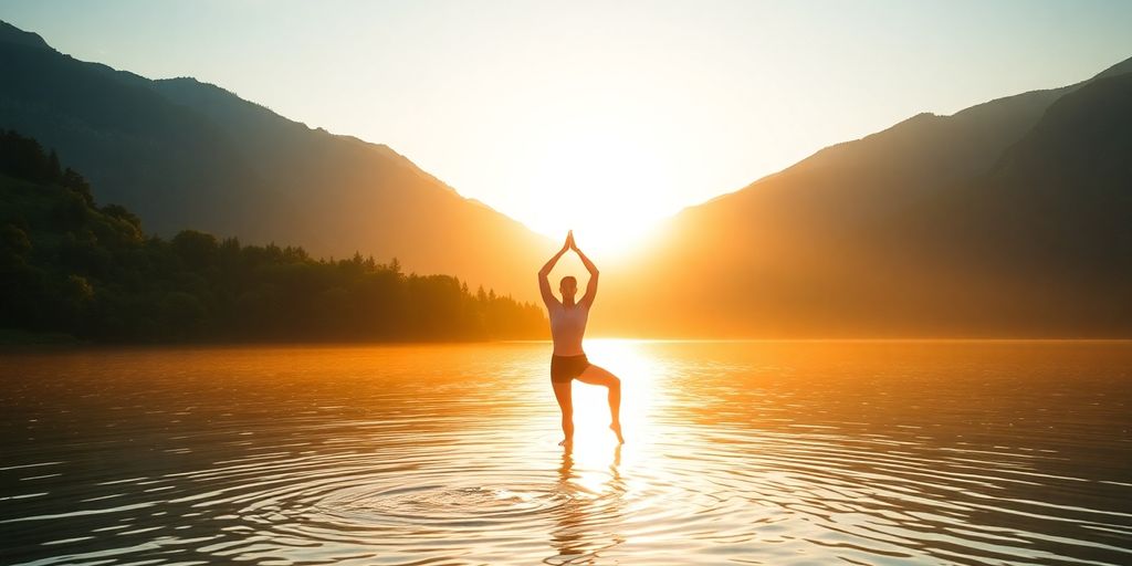 Person meditating peacefully outdoors at sunrise.
